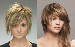Short haircuts for a round face with glasses, a large, long nose, wide cheekbones, a narrow chin, for thin, curly hair